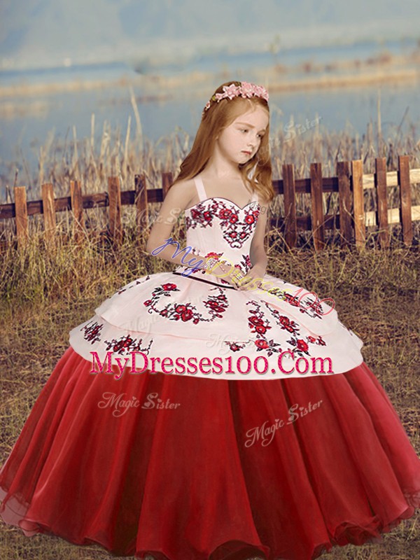 Excellent Floor Length Ball Gowns Sleeveless Red Little Girl Pageant Dress Lace Up
