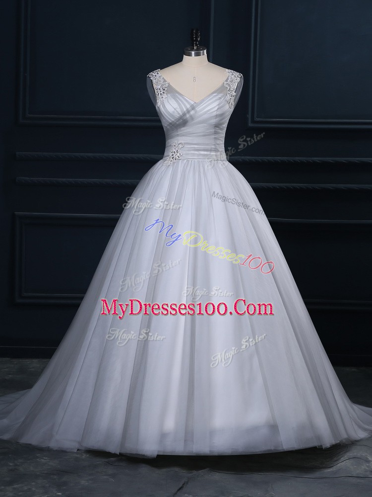Customized Grey V-neck Lace Up Beading and Appliques Wedding Gown Court Train Sleeveless