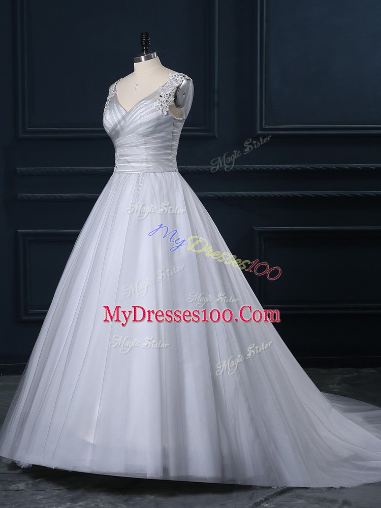 Customized Grey V-neck Lace Up Beading and Appliques Wedding Gown Court Train Sleeveless