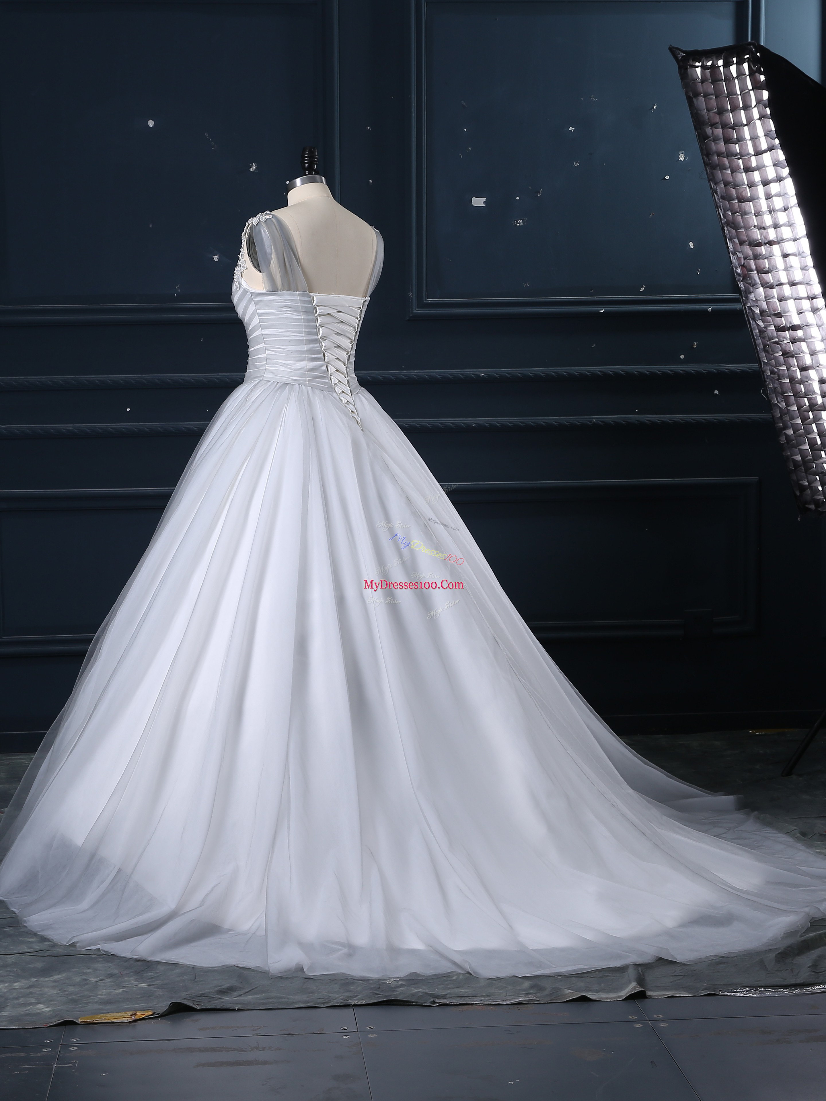 Customized Grey V-neck Lace Up Beading and Appliques Wedding Gown Court Train Sleeveless