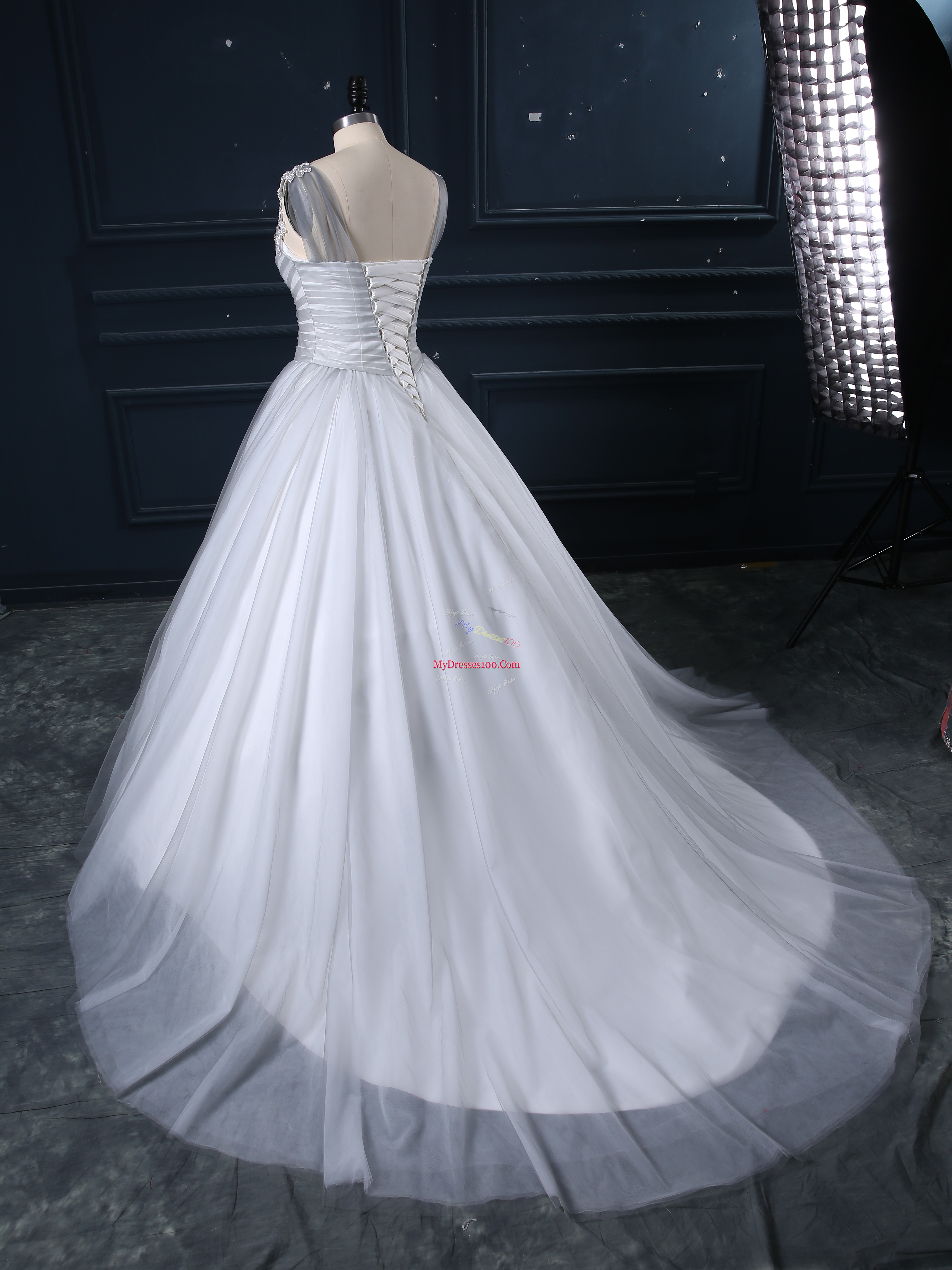 Customized Grey V-neck Lace Up Beading and Appliques Wedding Gown Court Train Sleeveless