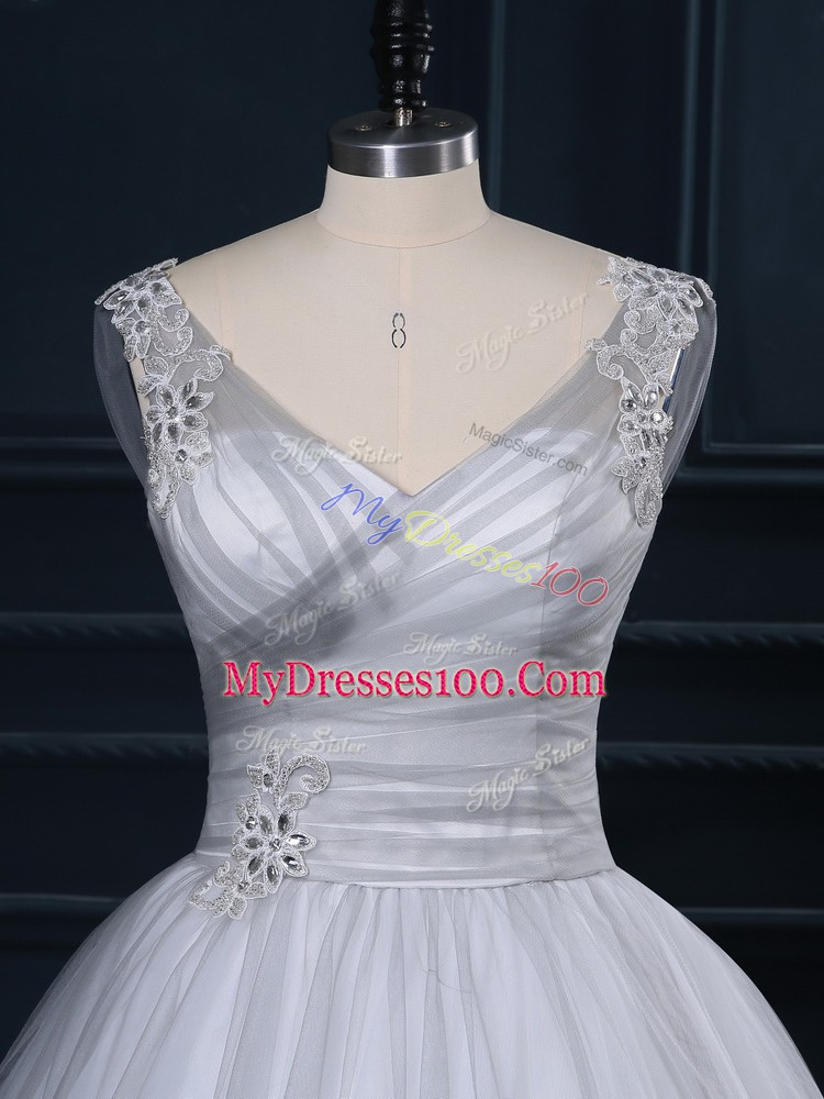 Customized Grey V-neck Lace Up Beading and Appliques Wedding Gown Court Train Sleeveless