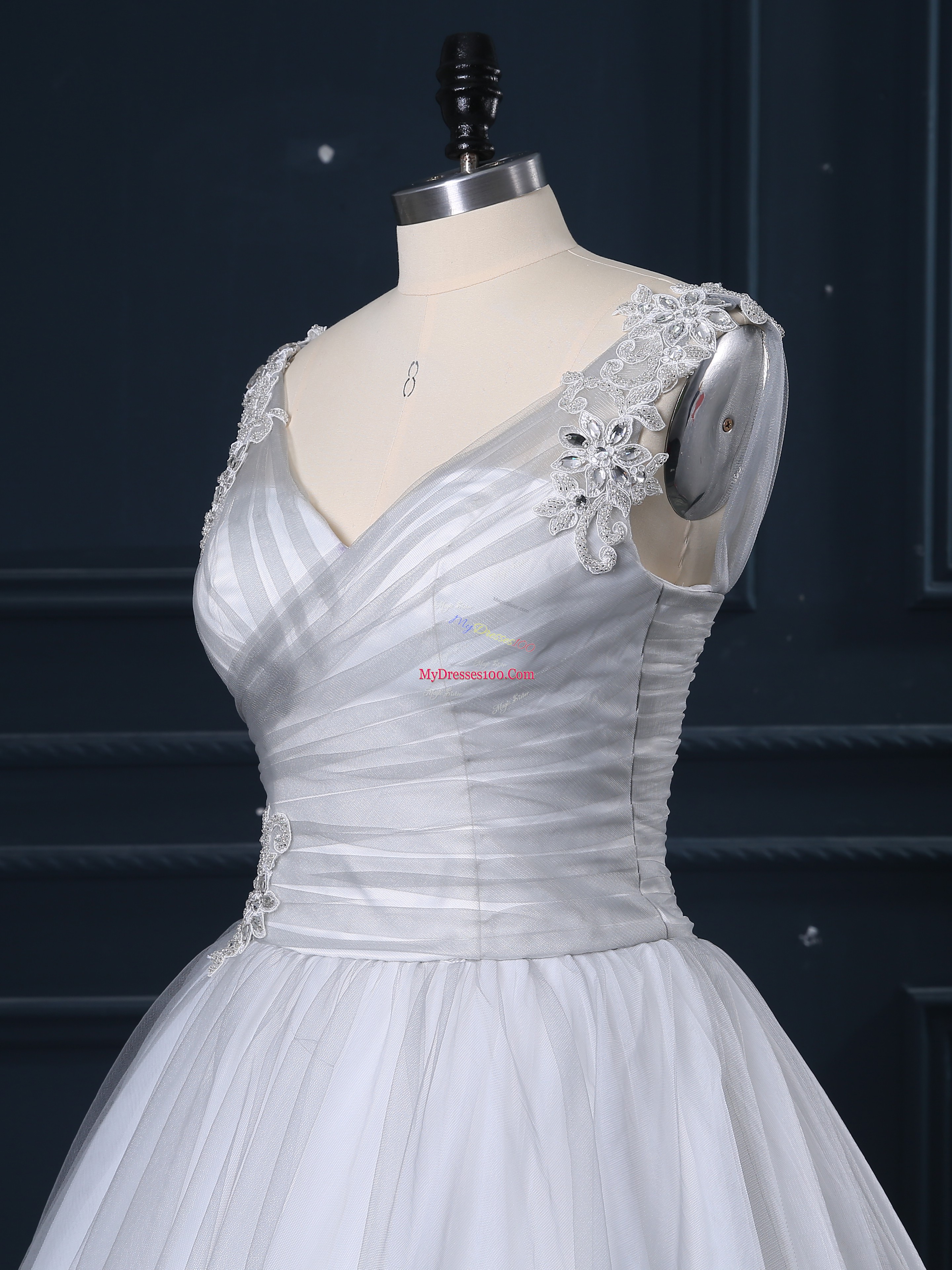 Customized Grey V-neck Lace Up Beading and Appliques Wedding Gown Court Train Sleeveless