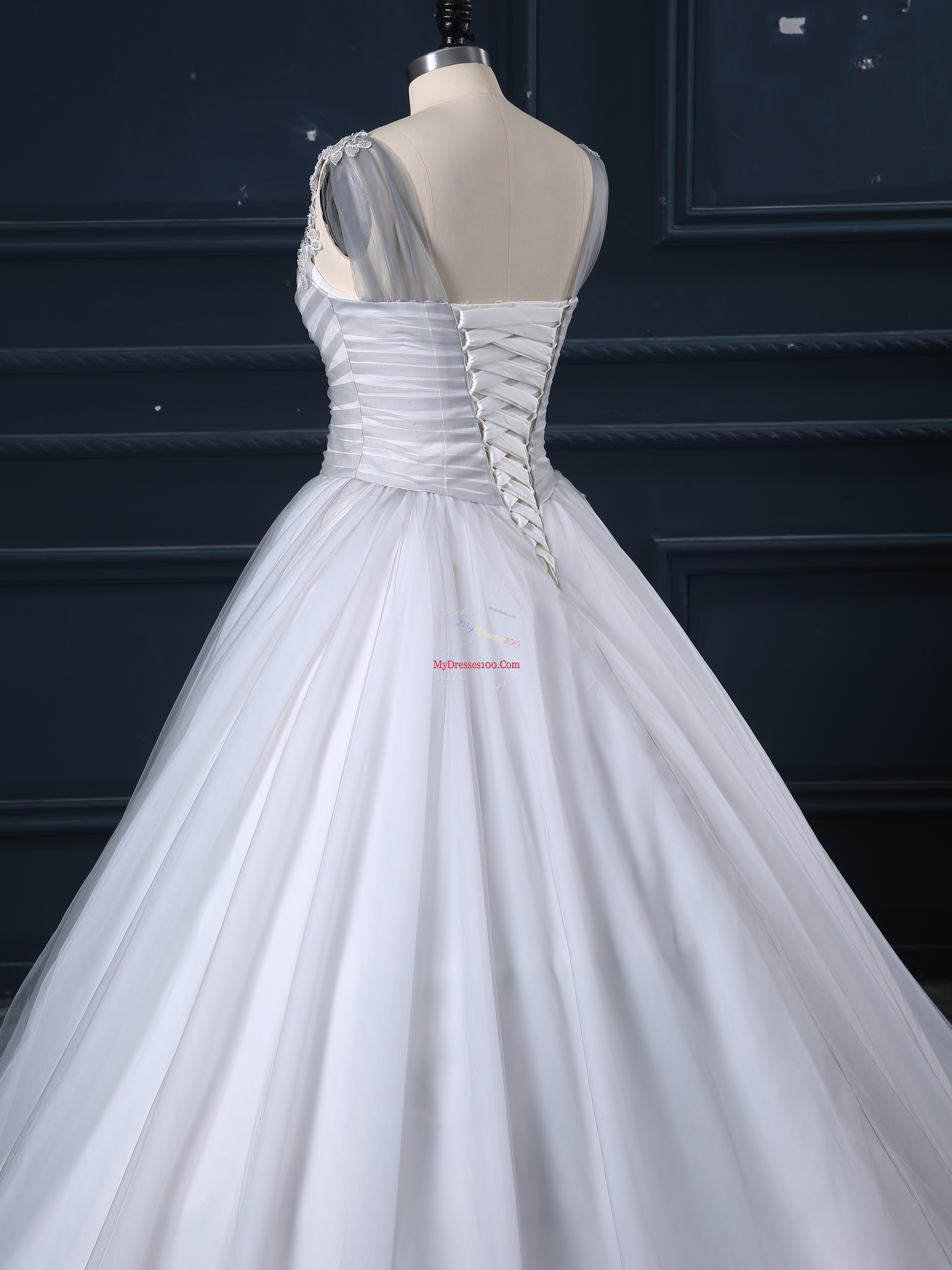 Customized Grey V-neck Lace Up Beading and Appliques Wedding Gown Court Train Sleeveless