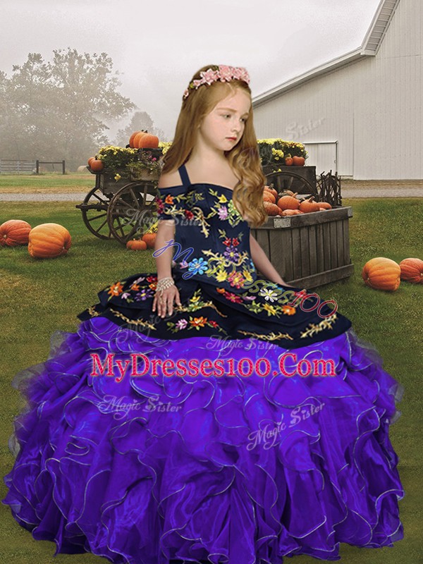 Superior Purple Straps Neckline Embroidery and Ruffles Child Pageant Dress Sleeveless Lace Up