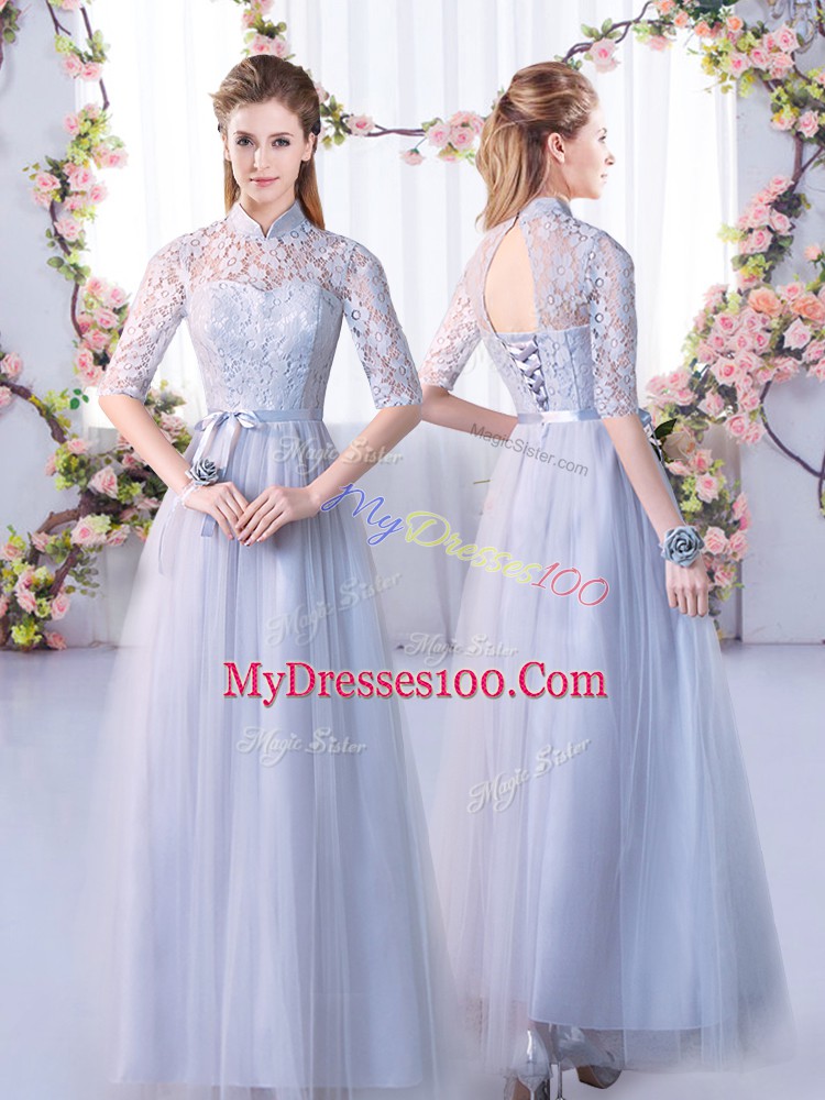 Sexy Tulle Half Sleeves Floor Length Wedding Guest Dresses and Lace