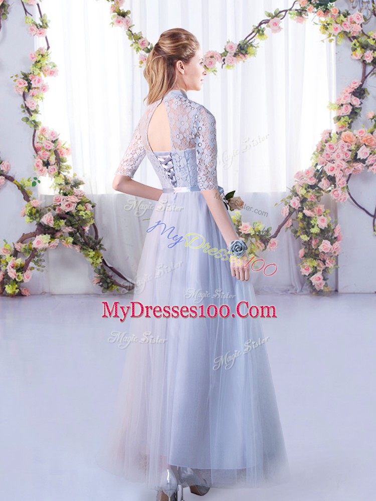 Sexy Tulle Half Sleeves Floor Length Wedding Guest Dresses and Lace