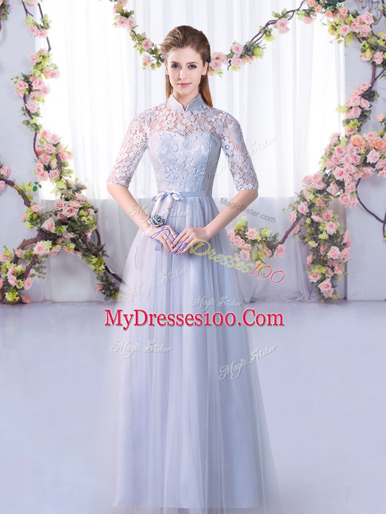 Sexy Tulle Half Sleeves Floor Length Wedding Guest Dresses and Lace