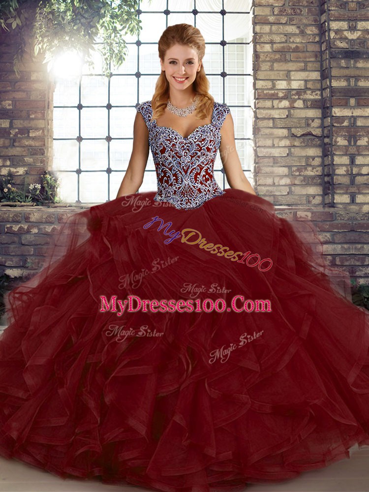 Fitting Wine Red Ball Gowns Tulle Straps Sleeveless Beading and Ruffles Floor Length Lace Up Quinceanera Gowns