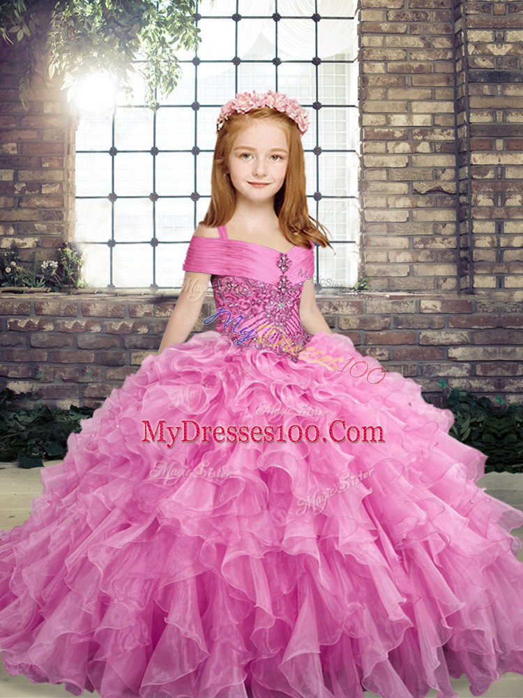 Lilac Straps Neckline Beading and Ruffles Little Girl Pageant Gowns Sleeveless Lace Up