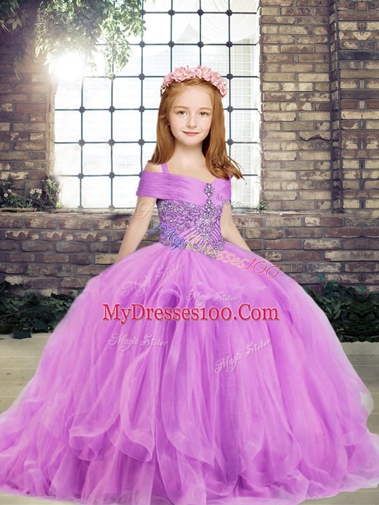 Tulle Straps Sleeveless Side Zipper Beading Little Girls Pageant Dress in Lilac