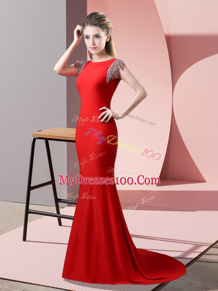 Short Sleeves Beading Backless Homecoming Dress with Red Brush Train