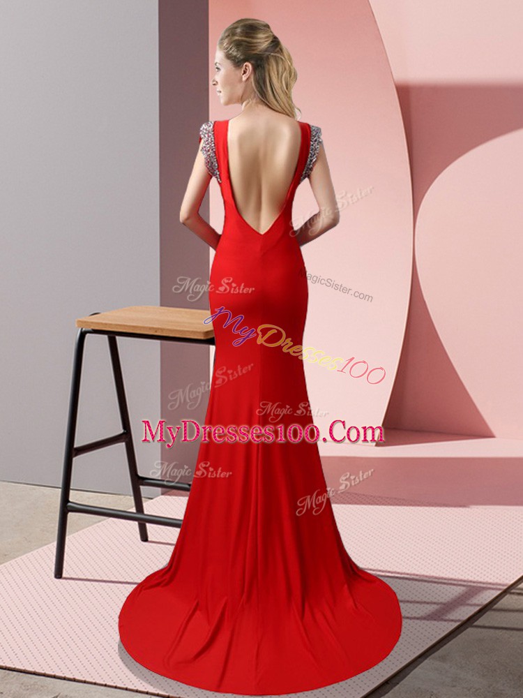 Short Sleeves Beading Backless Homecoming Dress with Red Brush Train
