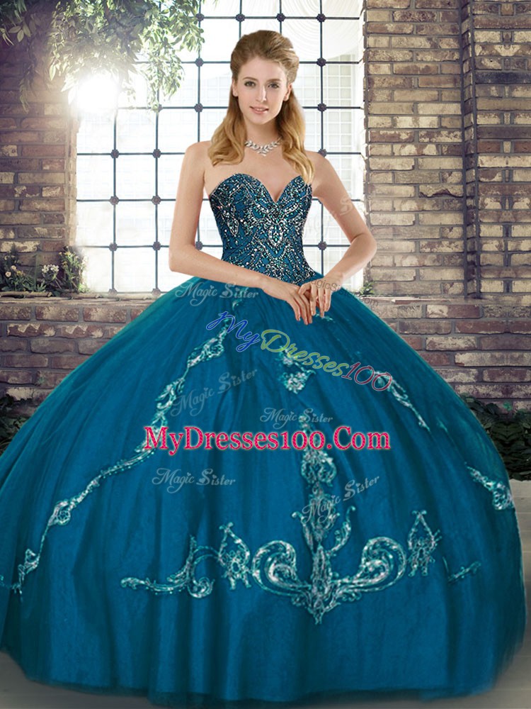 Floor Length Blue Quince Ball Gowns Sweetheart Sleeveless Lace Up