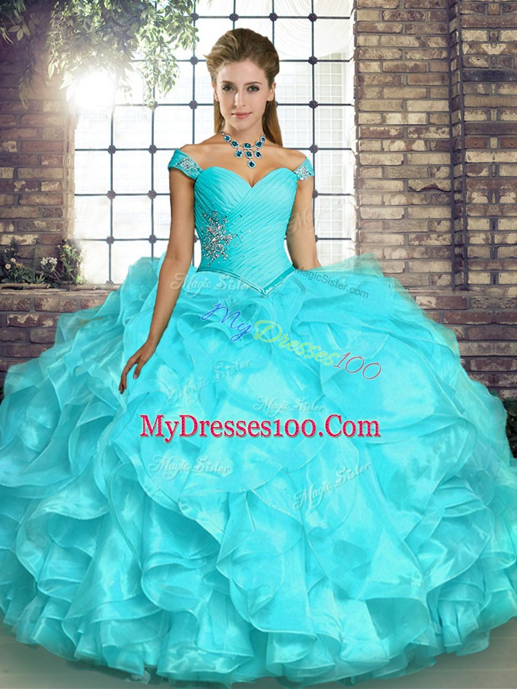 Pretty Ball Gowns Vestidos de Quinceanera Aqua Blue Off The Shoulder Organza Sleeveless Floor Length Lace Up