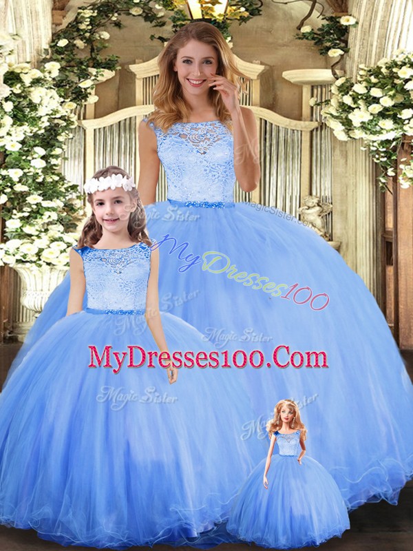 Floor Length Blue Quinceanera Gowns Tulle Sleeveless Lace