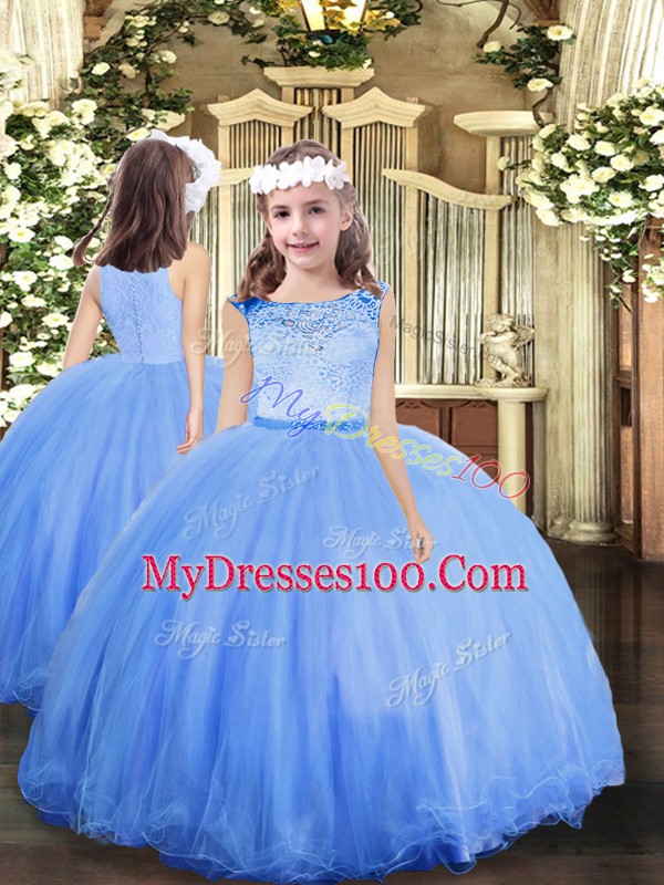 Floor Length Blue Quinceanera Gowns Tulle Sleeveless Lace