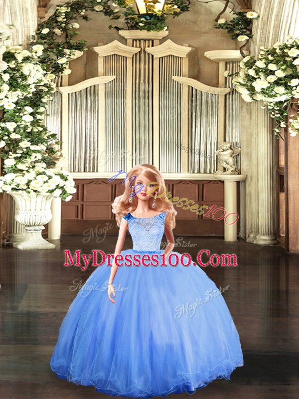 Floor Length Blue Quinceanera Gowns Tulle Sleeveless Lace