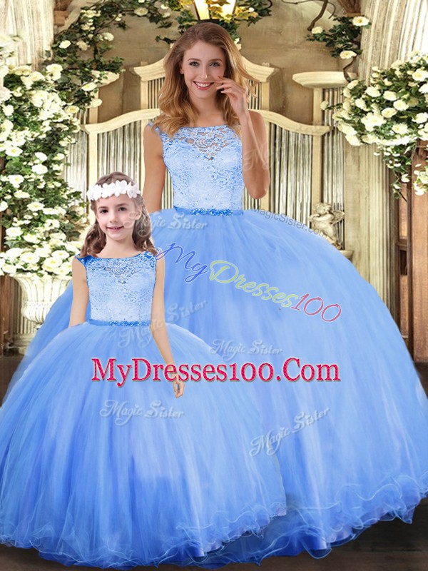 Floor Length Blue Quinceanera Gowns Tulle Sleeveless Lace