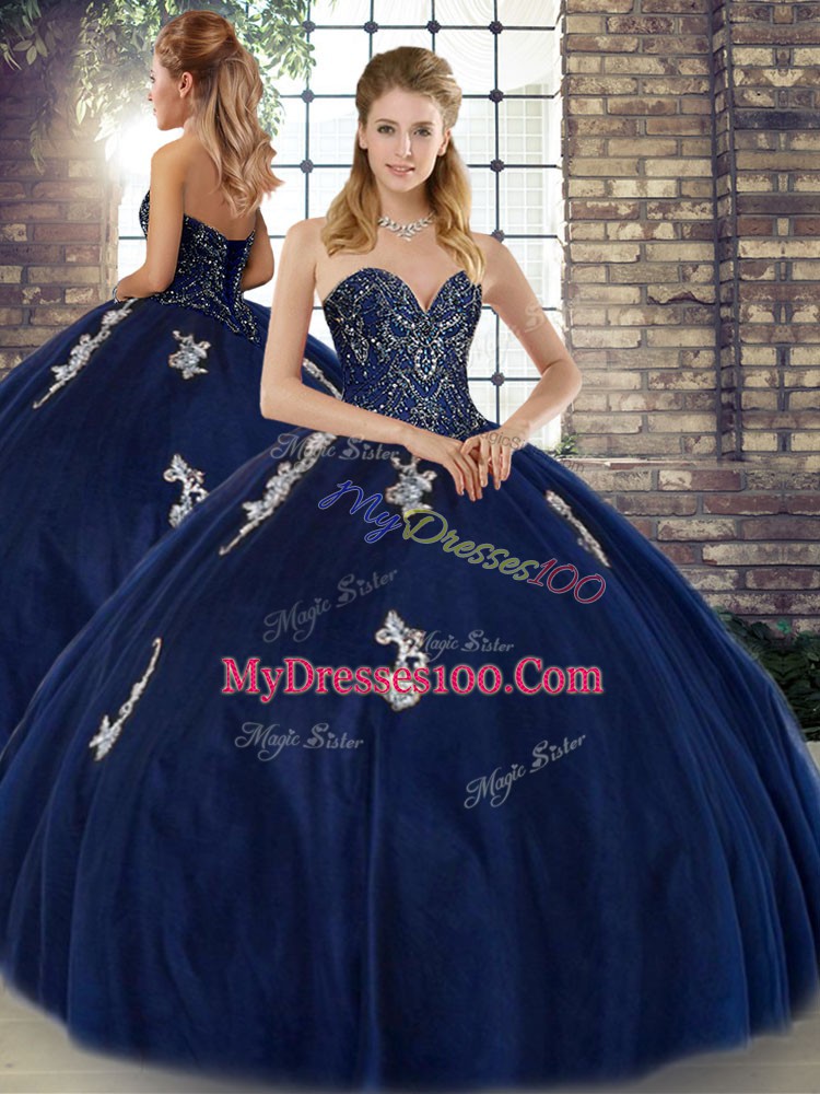 Sleeveless Tulle Floor Length Lace Up Sweet 16 Dresses in Navy Blue with Beading and Appliques