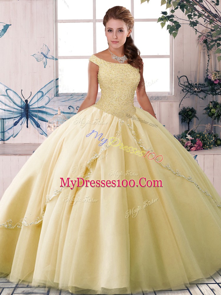 Yellow Tulle Lace Up Off The Shoulder Sleeveless Vestidos de Quinceanera Brush Train Beading