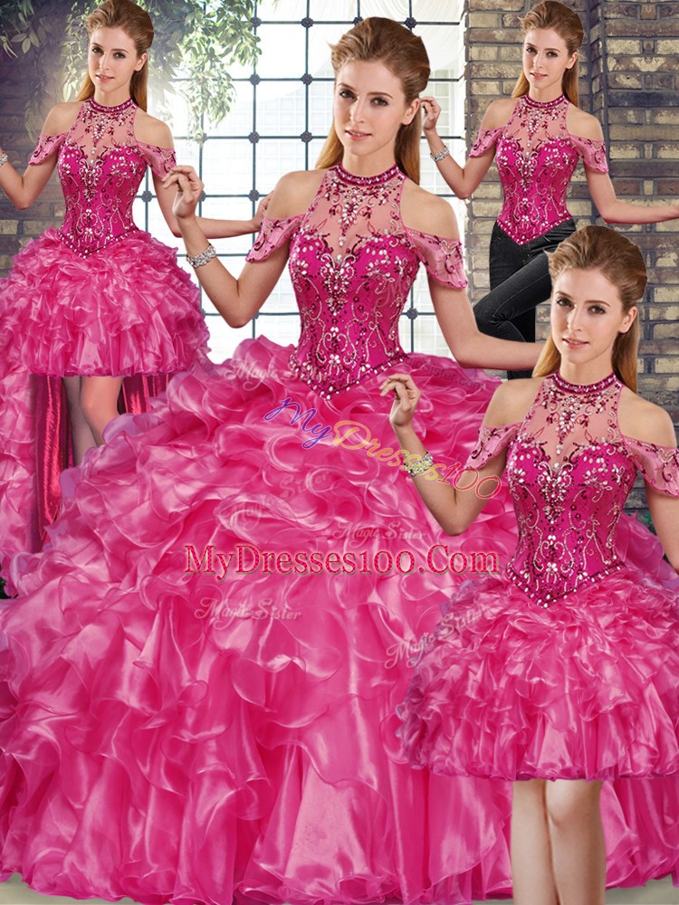 Fuchsia Sleeveless Beading and Ruffles Floor Length Quinceanera Gown