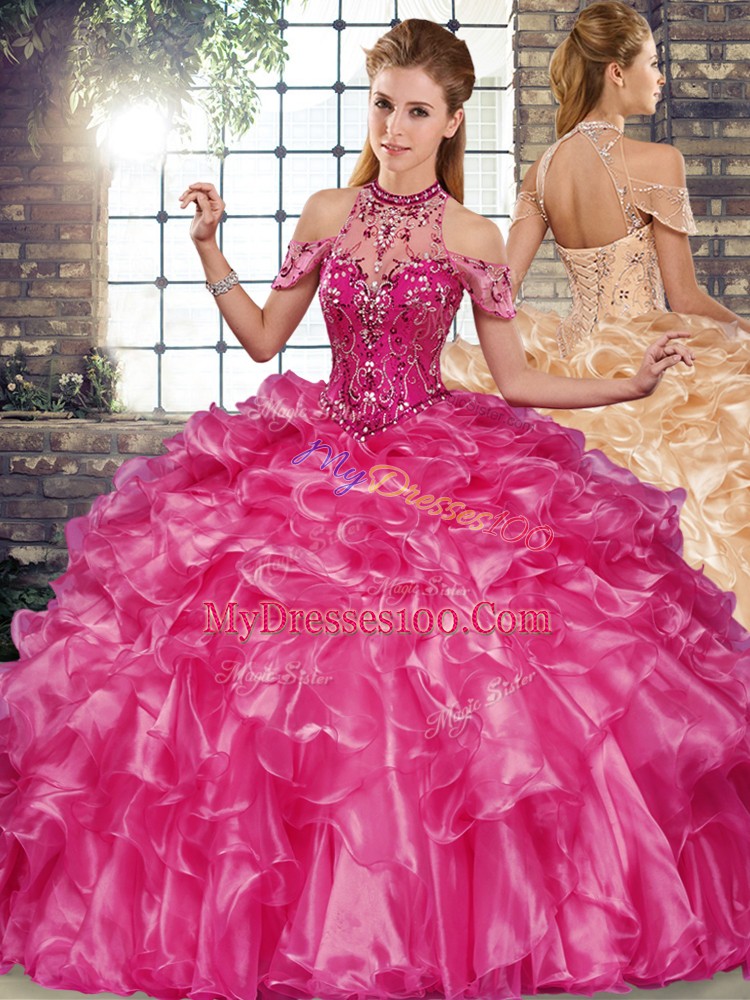 Fuchsia Sleeveless Beading and Ruffles Floor Length Quinceanera Gown