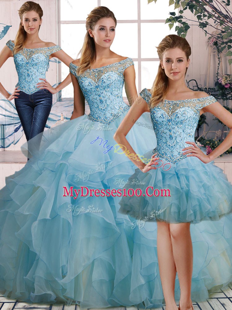 Extravagant Light Blue Organza Lace Up Ball Gown Prom Dress Sleeveless Floor Length Beading and Ruffles