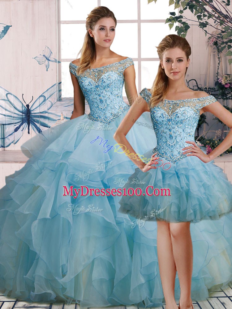 Extravagant Light Blue Organza Lace Up Ball Gown Prom Dress Sleeveless Floor Length Beading and Ruffles
