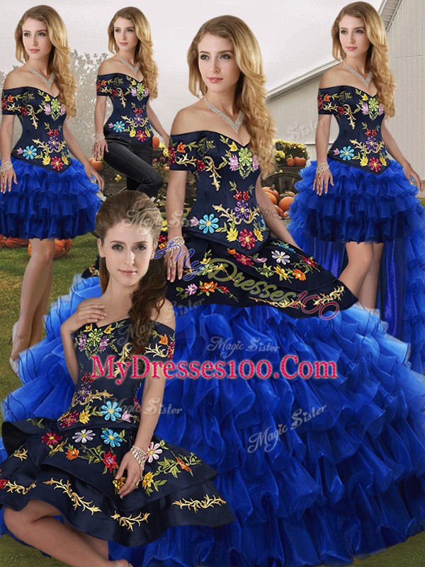 Flare Floor Length Blue And Black Quinceanera Dresses Off The Shoulder Sleeveless Lace Up