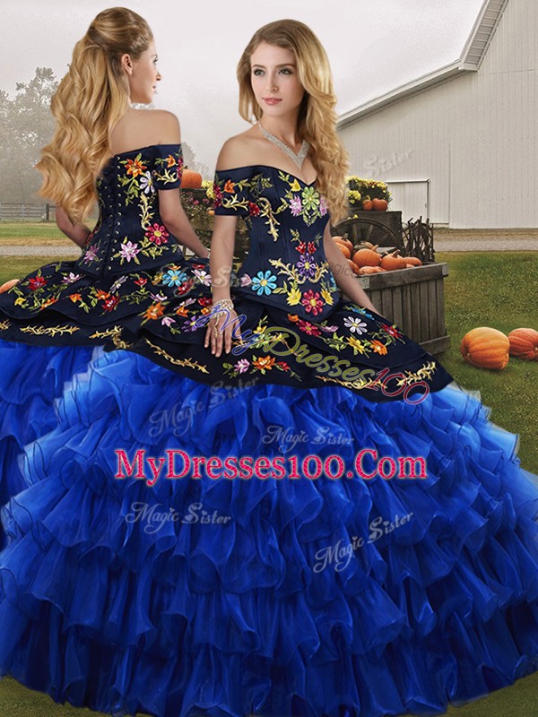 Flare Floor Length Blue And Black Quinceanera Dresses Off The Shoulder Sleeveless Lace Up