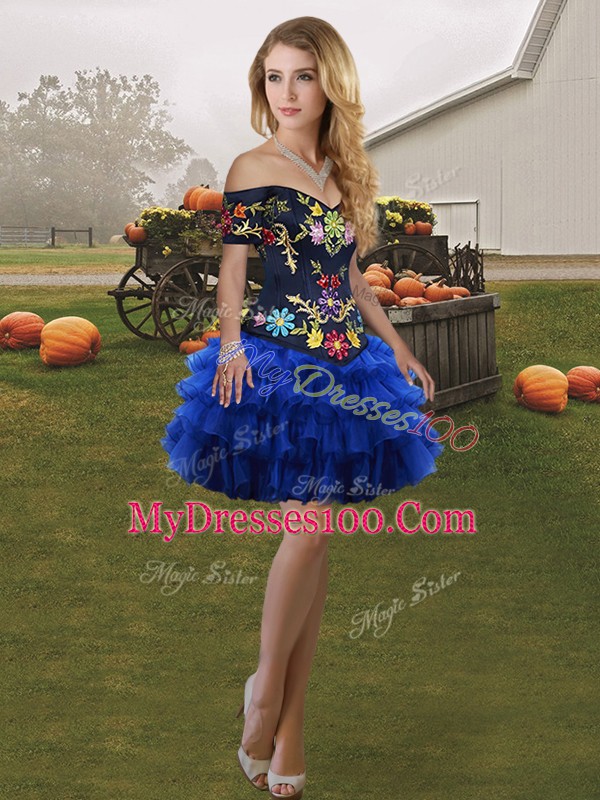 Flare Floor Length Blue And Black Quinceanera Dresses Off The Shoulder Sleeveless Lace Up
