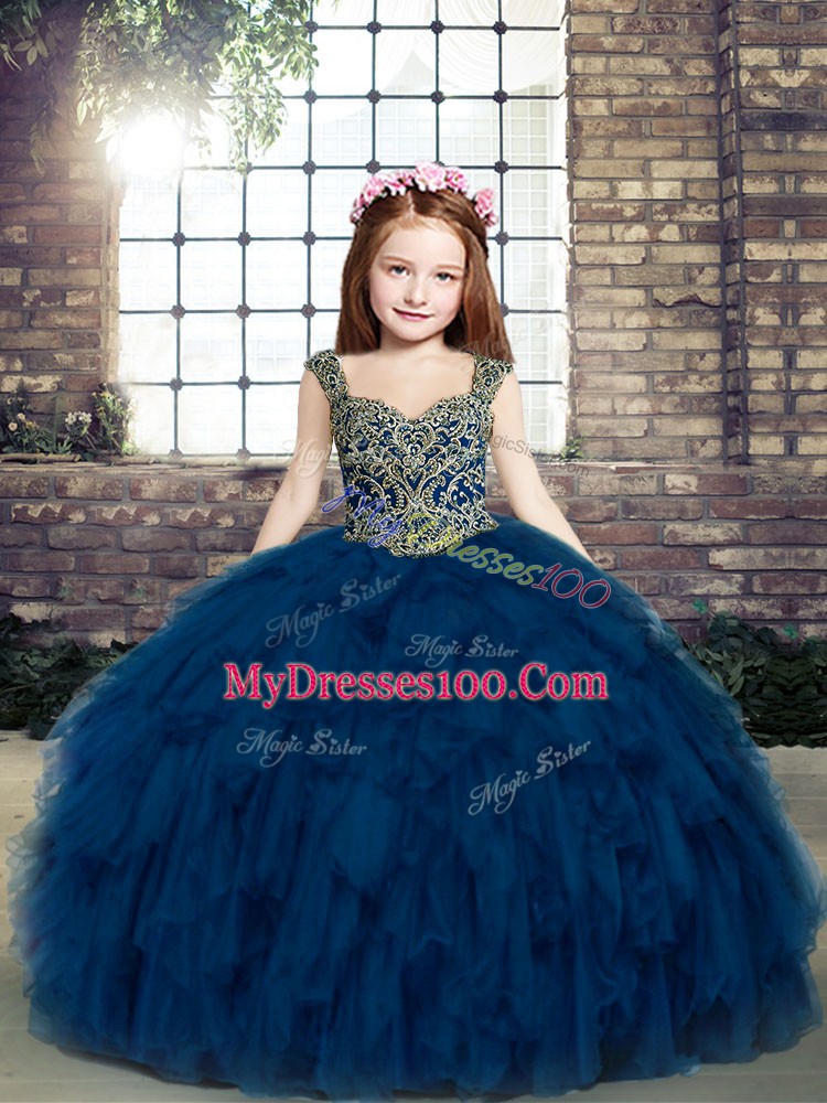 Custom Design Navy Blue Ball Gowns Straps Sleeveless Beading and Ruffles Floor Length Lace Up Kids Formal Wear