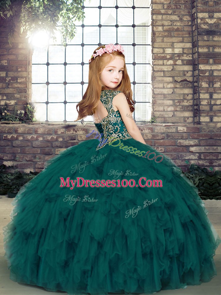 Custom Design Navy Blue Ball Gowns Straps Sleeveless Beading and Ruffles Floor Length Lace Up Kids Formal Wear