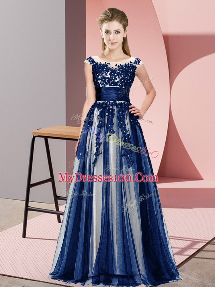 Navy Blue Sleeveless Beading and Lace Floor Length Quinceanera Court of Honor Dress