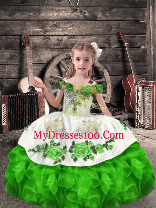 Stunning Green Off The Shoulder Lace Up Beading and Embroidery and Ruffles Little Girls Pageant Gowns Sleeveless