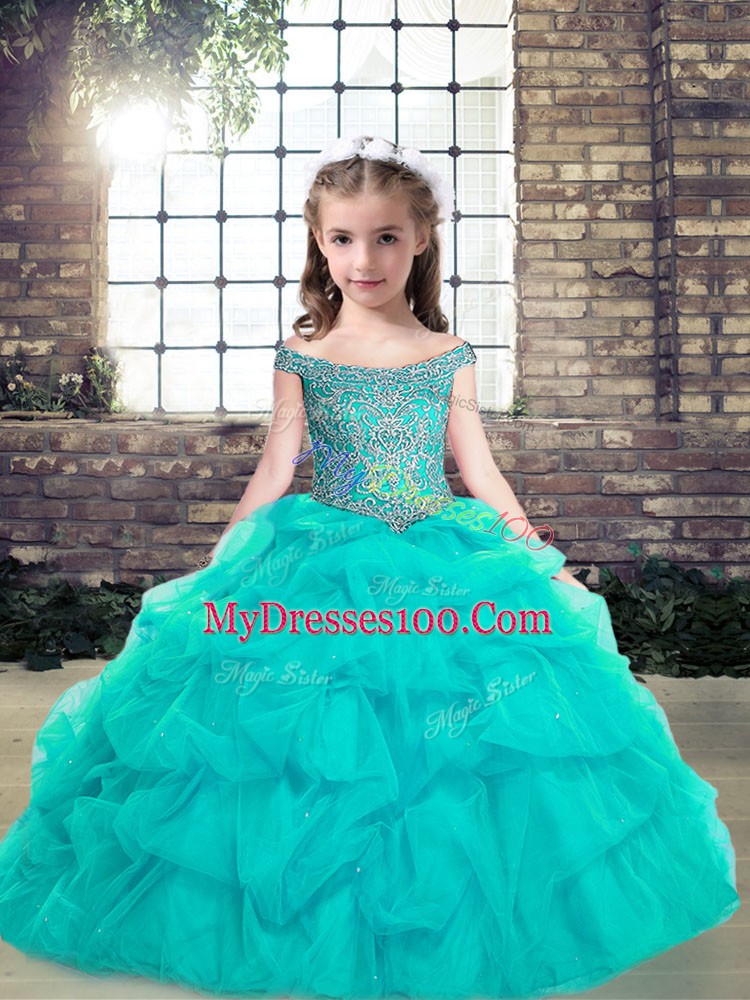 Aqua Blue Pageant Gowns Party and Wedding Party with Beading and Ruffles Off The Shoulder Sleeveless Lace Up