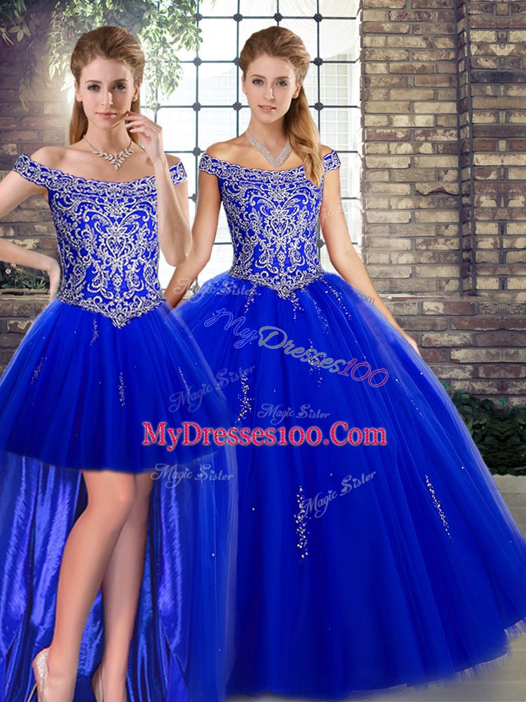 Royal Blue Sleeveless Floor Length Beading Lace Up Quinceanera Gown