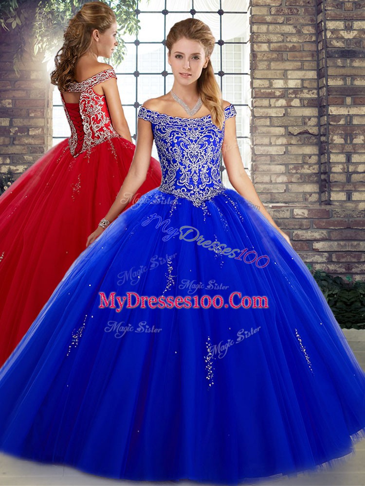 Royal Blue Sleeveless Floor Length Beading Lace Up Quinceanera Gown