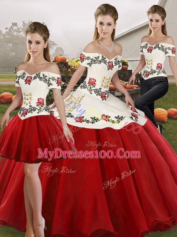 Lovely White And Red Ball Gown Prom Dress Military Ball and Sweet 16 and Quinceanera with Embroidery Off The Shoulder Sleeveless Lace Up