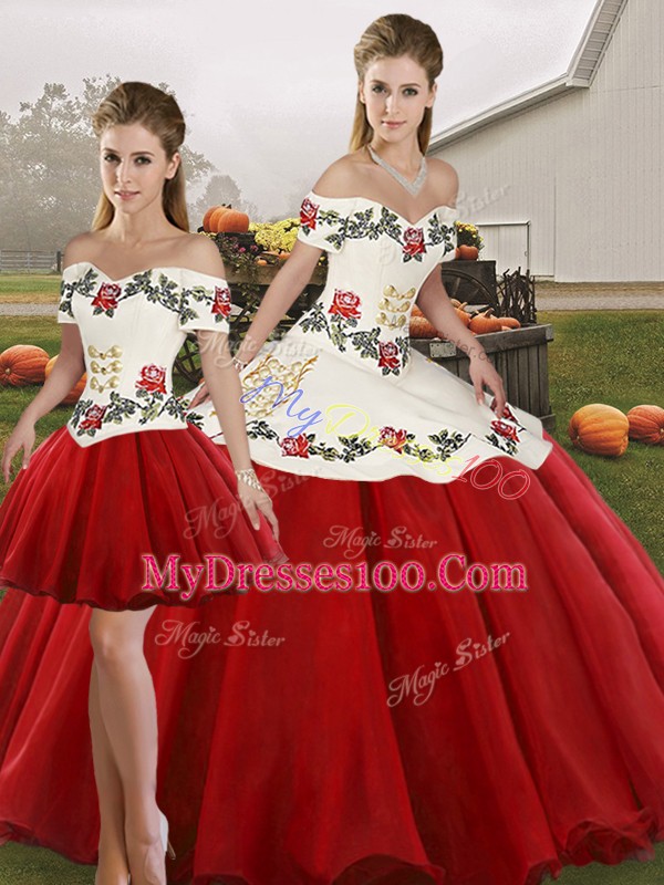 Lovely White And Red Ball Gown Prom Dress Military Ball and Sweet 16 and Quinceanera with Embroidery Off The Shoulder Sleeveless Lace Up