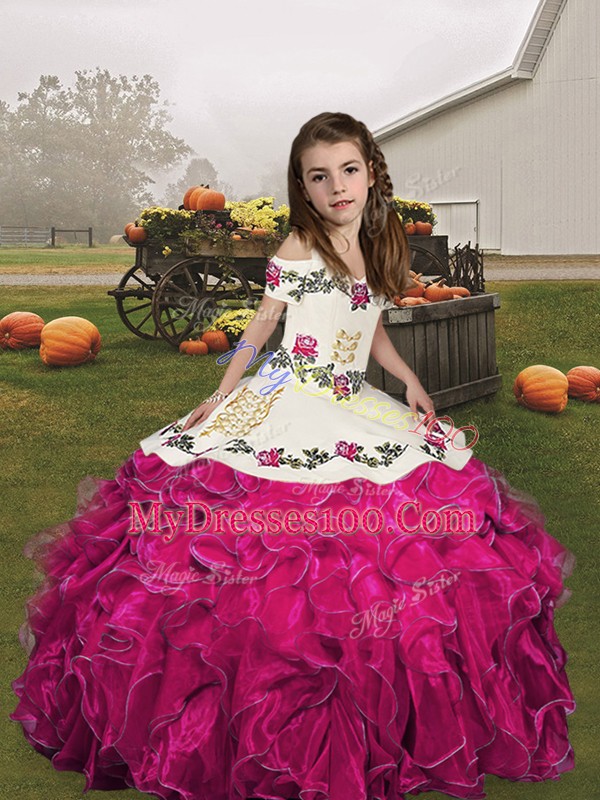 Ball Gowns Kids Pageant Dress Fuchsia Straps Organza Sleeveless Floor Length Lace Up