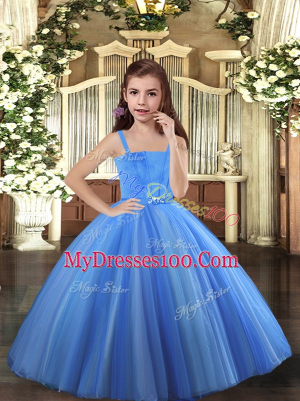 Superior Floor Length Ball Gowns Sleeveless Blue and Yellow And White Pageant Gowns For Girls Lace Up