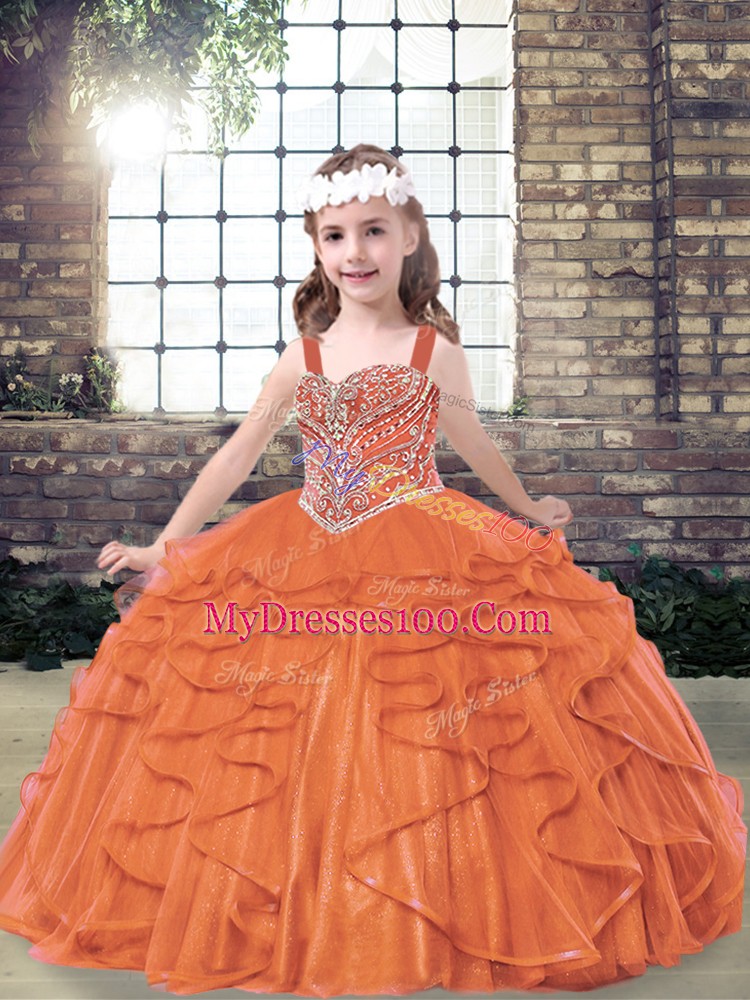 Affordable Orange Red Tulle Lace Up Straps Sleeveless Floor Length Little Girl Pageant Dress Beading and Ruffles