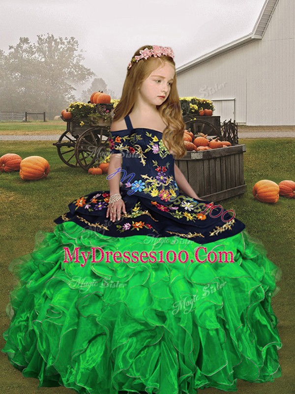 Organza Lace Up Straps Sleeveless Floor Length Pageant Gowns For Girls Embroidery and Ruffles