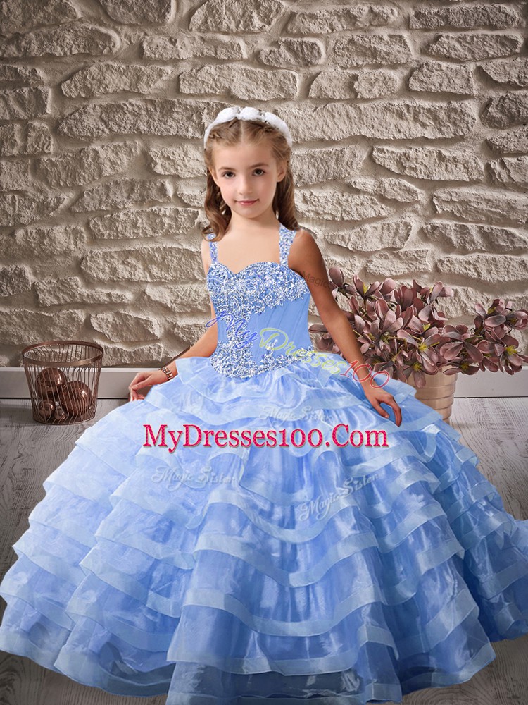 Hot Sale Blue Ball Gowns Beading and Ruffled Layers Girls Pageant Dresses Lace Up Organza Sleeveless