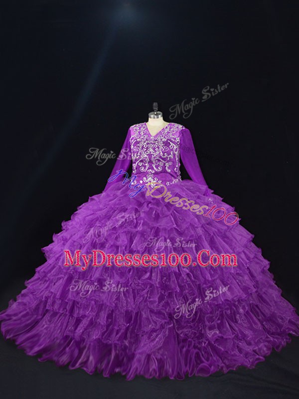 Purple Long Sleeves Floor Length Beading and Ruffled Layers Lace Up Quinceanera Gown