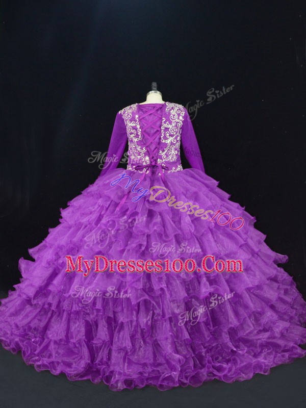 Purple Long Sleeves Floor Length Beading and Ruffled Layers Lace Up Quinceanera Gown