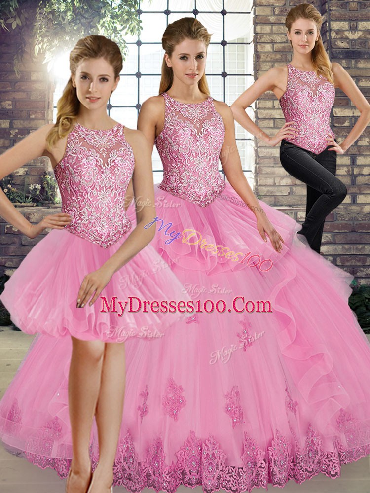 Customized Sleeveless Lace and Embroidery and Ruffles Lace Up 15th Birthday Dress