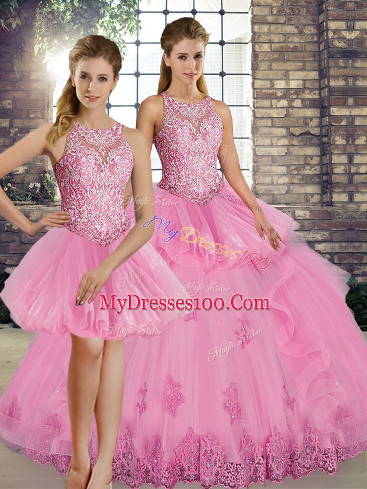 Customized Sleeveless Lace and Embroidery and Ruffles Lace Up 15th Birthday Dress